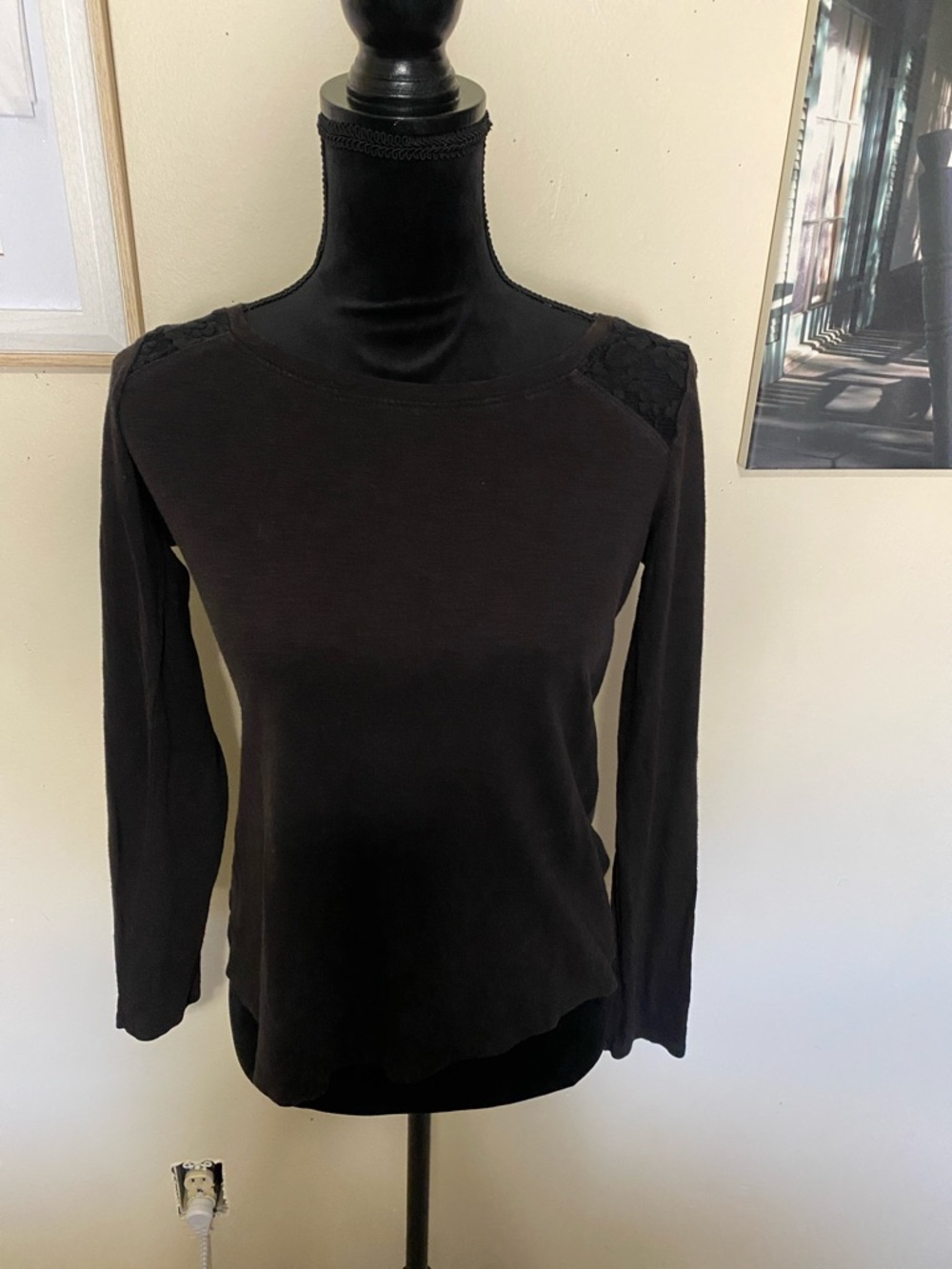 Maurices Black Long Sleeve Top with Lace Shoulder Accents